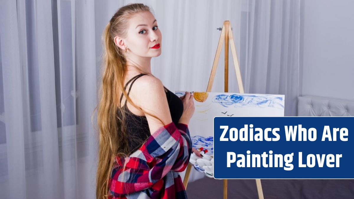 Beautiful woman artist painter with brushes and oil canvas posing bed at room.