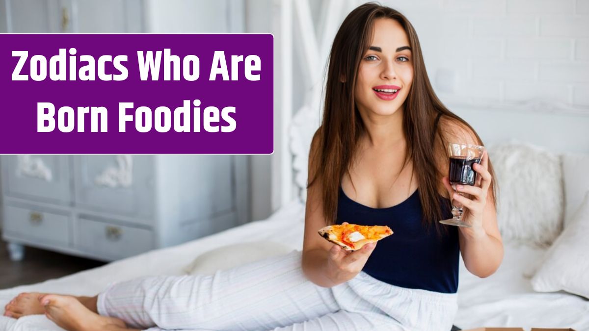 Woman relaxing in bed with wine and pizza.