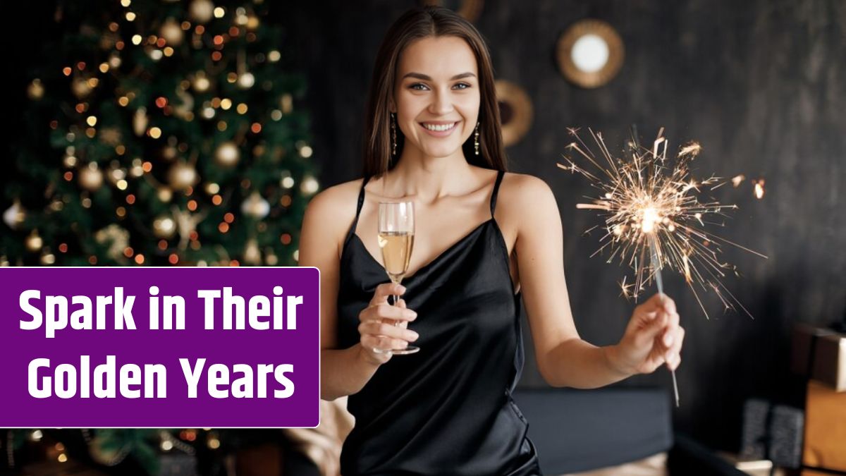 Beautiful smiling woman in dress with champagne and fireworks.